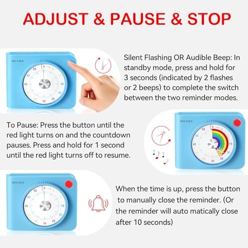 Secura 60 Minute Visual Timer for Kids, Countdown Timer for Time Management
