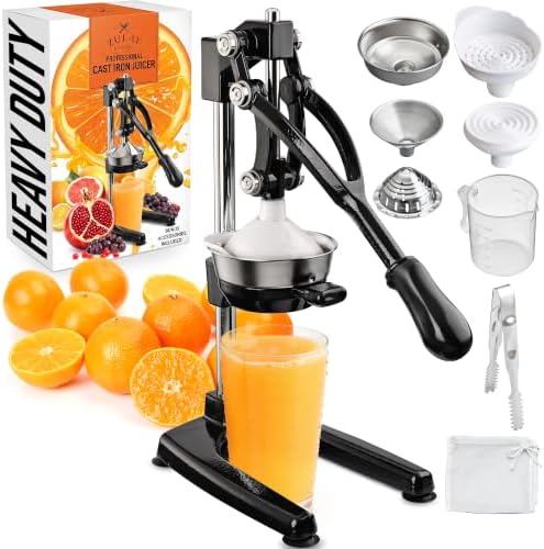 Zulay Kitchen Pulperizer 9 in 1 Cast Iron Juicer - Easy-to-Clean Heavy-Duty Manual Juicer with Presser Attachment to Juice All Types of Fruits! Extra Tall with Stainless Steel Bowl - Black