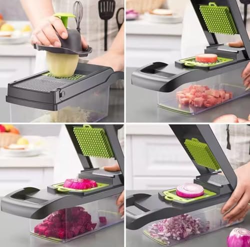 Veggie slicer 16 pieces (Gray, 1) 16 pieces hand operated vegetable slicer, veggie chopper, food chopper, onion cutter.