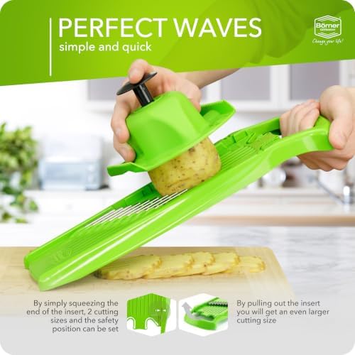 Börner by Reston Lloyd Wave-Waffle Power Line • Crinkle Cut/Spirelli Vegetable Slicer & Food Safety Holder • Slicer for Wave Waffle Cut Style • Multiple Thickness Options • Made in Germany, Green