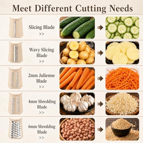5 in 1 Rotary Cheese Grater with Hand Crank,Cheese Shredder (Beige)