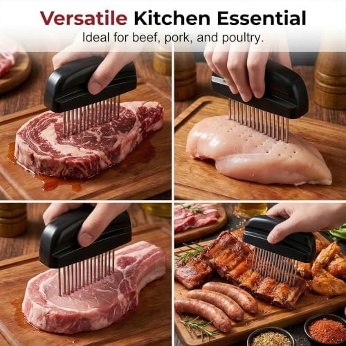 2026 Meat Tenderizer,Needle Meat Tenderizer,48 Blade Meat Tenderizer Tool,Manual Stainless Steel Steak Tenderizer Needle with Safety Clear Base,Kitchen Meat Tenderizer for Grilling Cooking (Black)