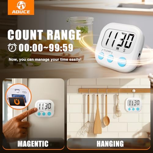 AOUCE Digital Kitchen Timers for Cooking, Timer for Kids 2 Pack White