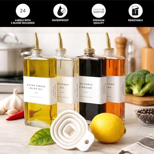 SAVVY & SORTED Glass Olive Oil Dispenser Bottle Set for Kitchen, 2PK Oil and Vinegar Dispenser Set with Gold Pourers and Labels, Cooking Oil Bottles for Kitchen Counter Decor, Set of 2