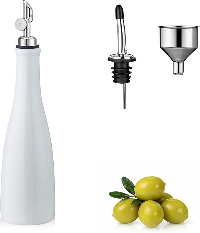 YOLIFE Olive Oil Dispenser Bottle, 15oz Ceramic Oil Dispenser for Kitchen | Oil Bottle with Gravity Spout, Leak Proof EVOO Dispensing Bottle with 2 Spouts and 1 Funnel for Vinegar, Juice(Red)