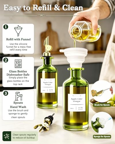 COOLMI Olive Oil Dispenser Set of 2, Dark Green Glass Bottles, 12 oz