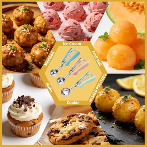 Cookie Scoop Set of 3, 18/8 Stainless Steel Cookie Dough Scoops with Blue, Pink & Green Color-Coded Grips, Small/Medium/Large (#60, #40, #20) Portion Scooper for Baking, Cupcakes & Ice Cream