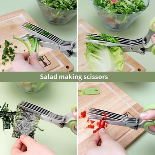 Upgraded Herb Scissors, Effortless Herb Shears Cutter Tool with Sharp Stainless Steel Blades for Fresh Herbs, Must-Have Kitchen & Cooking Gadget, (Green)
