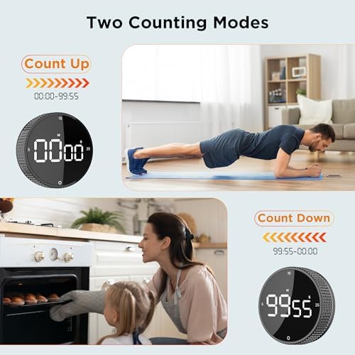 Digital Kitchen Timer - Magnetic Countdown Count Up Clock with Large LED Display, 5/15/25 Min Presets, 3 Volume Levels, Rotary Dial for Cooking, Productivity, Classroom, Fitness (2, Black)