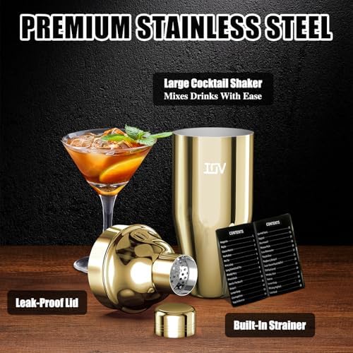 IOV Cocktail Shaker, 24 oz Martini Shaker, Drink Mixer with Built-in Strainer, Professional Stainless Steel Margarita Alcohol Shaker with Cocktail Recipe Guide, Bartender Kit Gifts, Gold