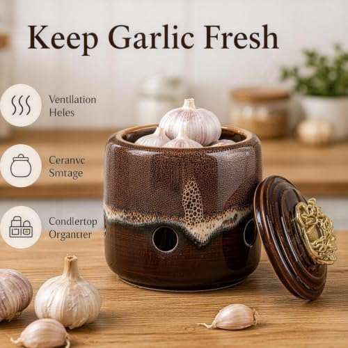 Ceramic Garlic Keeper with Lid, Garlic Storage for Kitchen Counter