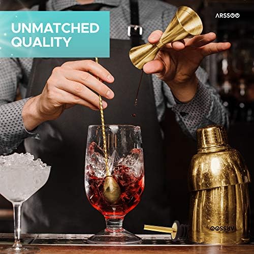 Cocktail Shaker Set: 7-Piece Stainless Steel 25.3OZ Martini Shaker Mixology Bartender Kit | Perfect Home Professional Bar Tools for Beginner's Drink Mixing & Gifts | ARSSOO Drink Shaker Gift (Gold)