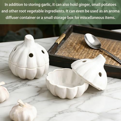 Garlic Keeper for Counter, Ceramic with Realistic Garlic Shape, Breathable Design, Anti-Mold, Easy Clean, Multi-Purpose Kitchen Decor & Gift, White