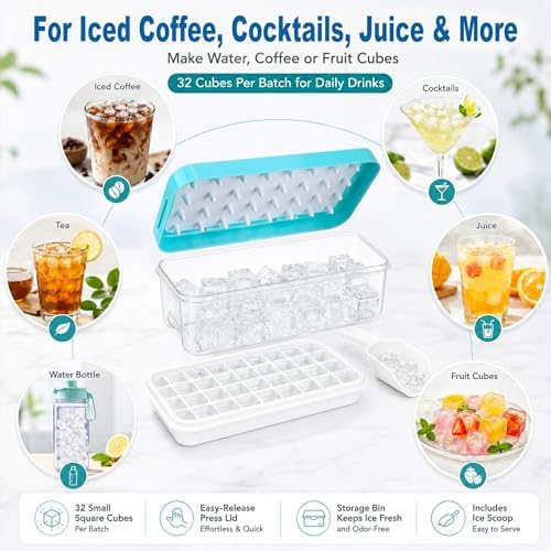 Compact Ice Tray with Scoop & Bin – 32-Cube Single Layer Mold with Lid – Patented Press-Release Design US D1,006,068, BPA-Free, No-Spill, Easy Storage – Ideal for RV, Dorm, Small Freezers