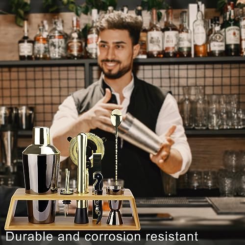 Arora 10Pcs Bartender Kit Bar Set, 24OZ Black & Gold Cocktail Shaker Set with Stainless Steel Bartending Accessories for Home & Bamboo Stand, Ideal Drinking Mixers Gift Set for Martini Margarita