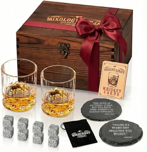 Mixology & Craft Whiskey Stones Gift Set: with Two 10oz Lead-Free Crystal Whiskey Glasses, 8 Whiskey Stones with Velvet Bag, 2 Slate Coasters & Recipe Cards in Wooden Crate | Great