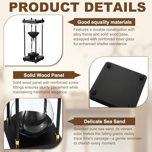PATIKIL Large Decorative Sand Timer, 60 Minutes Wood Hour Glass Timer Modern Wooden Hour Glass for Cooking Game Office Classroom Kitchen Home, Black(Style 1)