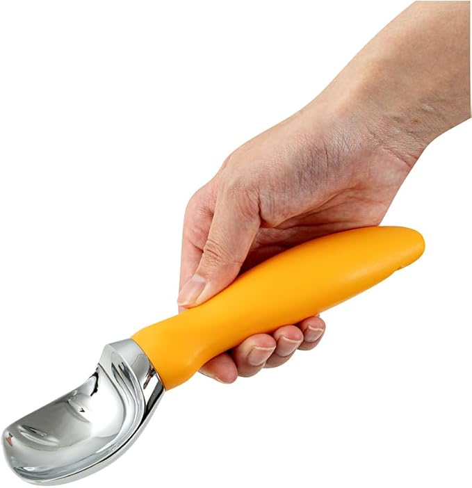 Restaurantware Comfy Grip 7.9 x 2 Inch Kitchen Ice Cream Scoop 1 Heavy-Duty Ice Cream Disher - Ergonomic PP Handle Dishwashable Orange Metal Ice Cream Spade With Lid Opener Notch Multi-Use