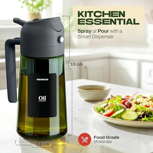 PORTENTUM Olive oil spray bottle for cooking 16oz/470ml 2 in 1 spray and pour function – Anti drip green glass bottle dispenser with light protection – Multilingual labels – Air fryer salads grilling