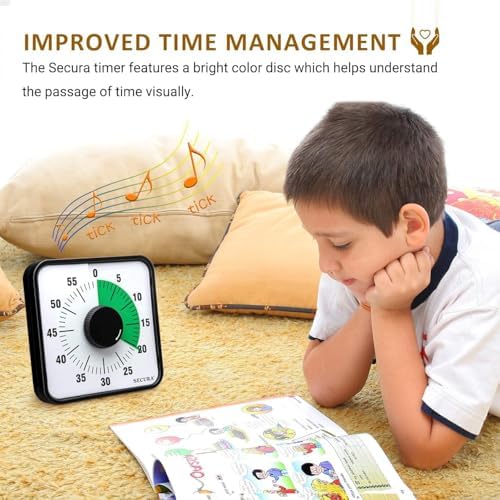 Secura 60-Minute Visual Countdown Timer, 7.5-Inch Oversize Classroom Visual Timer for Kids and Adults, Durable Mechanical Kitchen Timer Clock with Magnetic Backing (Green)