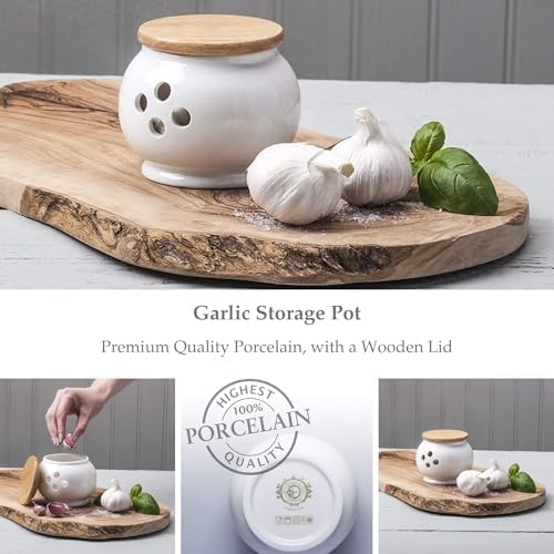 WM Bartleet & Sons 1750 Traditional Porcelain Garlic Storage Pot with Wooden Lid 10cm – White, One Size