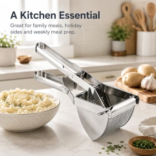 Potato Ricer, Stainless Steel Potato Masher, Heavy Duty Food Masher, Potatos Ricer Kitchen Tool for Mashed Potatos Avocado Pumpkin Baby Food Puree, Large Capacity, Dishwasher Safe
