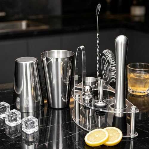 9-Piece Cocktail Shaker with Stand, 25oz Bartender Kit, Cocktail Shaker with Strainer Set, Boston Shaker Set, Bar Set Jigger for Bartending Drink Mixer Set, Cocktail Set Recipes (Silver-25/20oz)