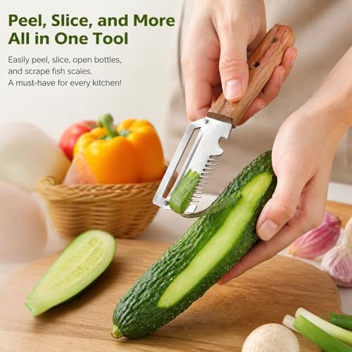 2Pcs Multifunctional Vegetable Peelers, Stainless Steel Wide Blade Potato and Carrot Peeler, 3-in-1 Veggie Peeler With Scallion Shredder and Bottle Opener for Kitchen, Camping and Trave