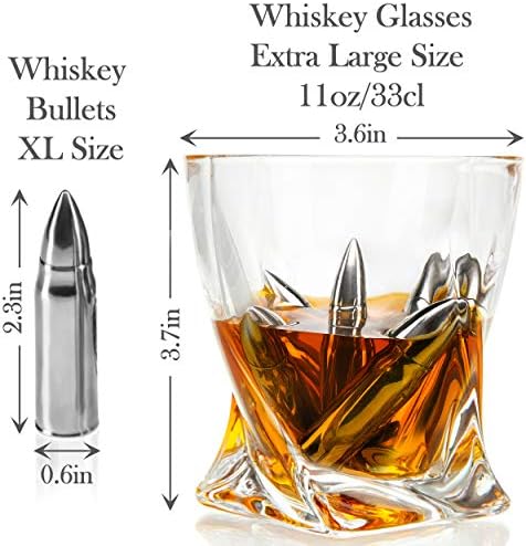 Whiskey Chillers Premium Gift Set By Frolk, Set of 6 Extra Large Stainless Steel Whiskey Stones, 2 Large Twisted Whiskey Glasses (11 oz), Freezer Base, Velvet Pouch & Tongs in Novelty Wooden Box