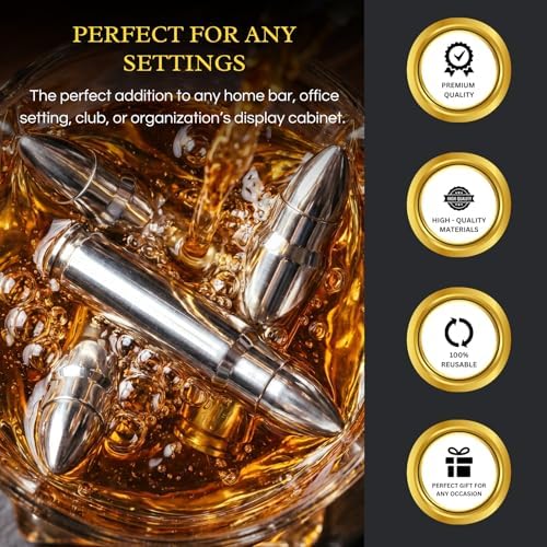Luxurious Bar Gift Set - 2 Whiskey Glasses + 10 Bullets Chilling Stainless-Steel Whiskey Rocks - Slate Stone Coasters & Tongs - Set in Premium Wood Box by The Wine Savant - Birthday Gift - 11 oz Glass