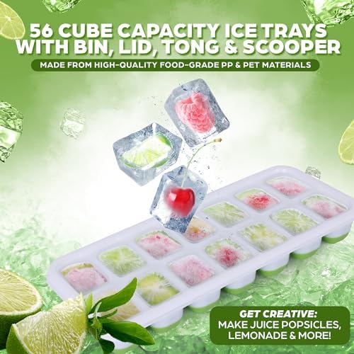 Ice Cube Tray with Bin, Stackable Lids, Green, 4 Pc, Ice Trays for Freezer