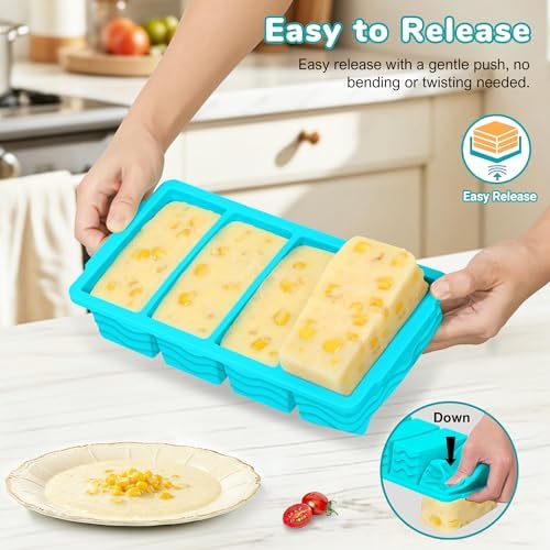 Silicone Freezer Trays with Lid (4-Pack), 1-Cup, 2-Cup, 1/2-Cup & 2-Tbsp Silicone Freezer Molds, Stackable Soup Freezer Meal Prep Containers,Ice Cube Tray for Making Sauce,Smoothies,Yogurt Bites