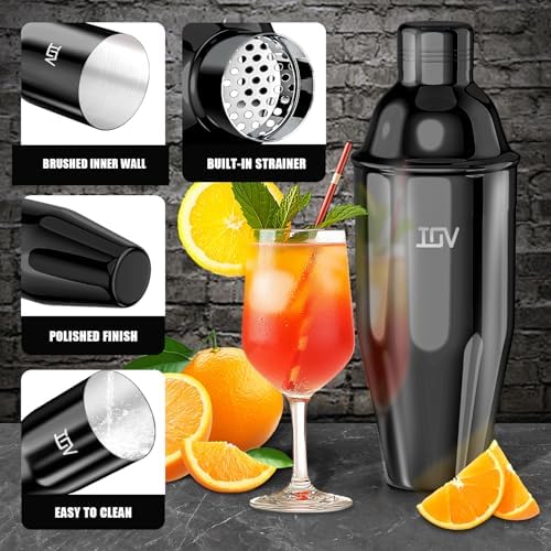 IOV Cocktail Shaker, 24 oz Martini Shaker, Drink Mixer with Built-in Strainer, Professional Stainless Steel Margarita Alcohol Shaker with Cocktail Recipe Guide, Bartender Kit Gifts, Black