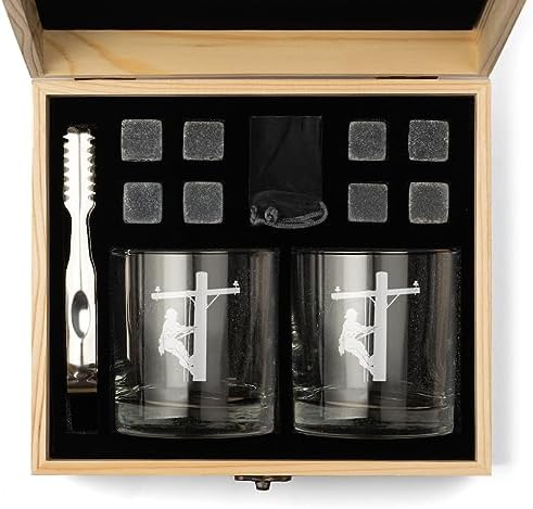 Whiskey Glass Gift Box Set with Whiskey Stones and 2 Rocks Glasses Lineman Electric Pole Climber