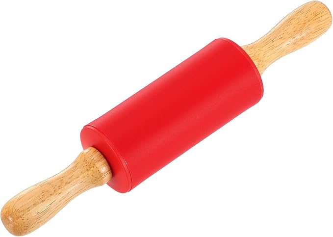 uxcell 4 Inch Silicone Rolling Pin, Small Dough Roller with Wood Handle for Pizza Pastry Fondant Kitchen, Red