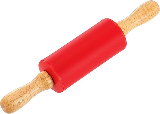 uxcell 4 Inch Silicone Rolling Pin, Small Dough Roller with Wood Handle for Pizza Pastry Fondant Kitchen, Red