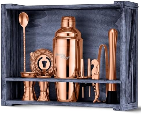Mixology & Craft Rustic Cocktail Shaker Set – Includes Wood Stand, Complete Barware Kit with 24 Oz Shaker, Dual Jiggers, Pourers, Muddler, Strainer – Perfect for Home Bartenders (Copper)