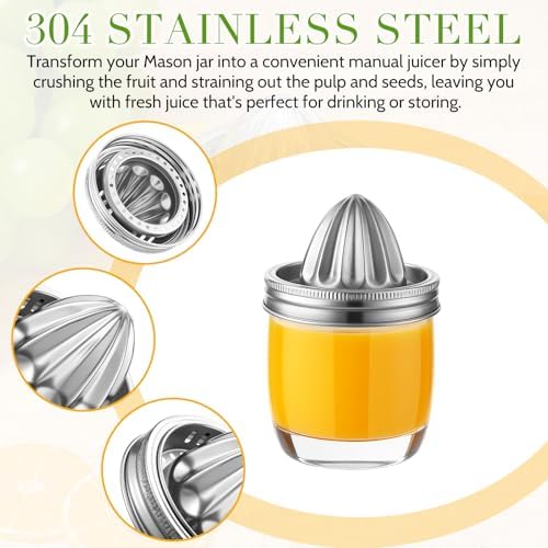 LemonRoad 4 Pcs Stainless Steel Mason Jar Juicer Lid Manual Juicer Squeezer for 3.39 Inch Wide Mouth Mason Jar Citrus Reamer for Lemons Limes Oranges Juicing Accessories