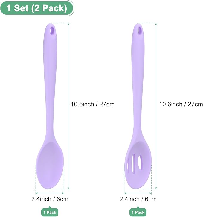 M METERXITY 2-Pack Purple Silicone Cooking Spoons, 10.6" Mixing Nonstick Slotted and Solid Serving Spoons, Heat Resistant Utensils