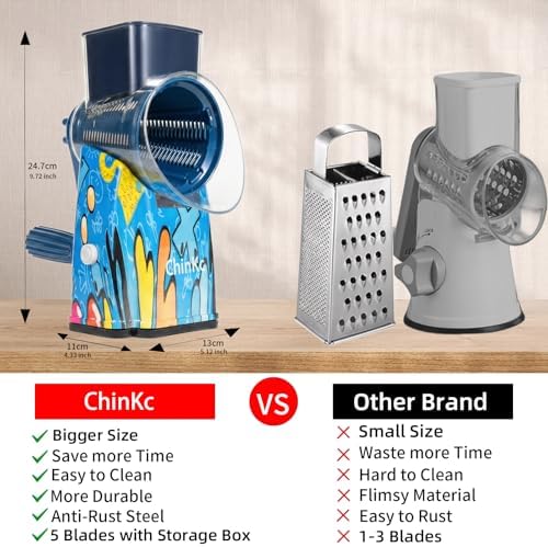 Upgrade Rotary Cheese Grater Shredder with Handle, Strong Suction Base, Multi-purpose Rotary Grater Slicer with 5 Interchangeable Blades for Ice, Vegetables, Fruit, Nuts with Blade Storage Box