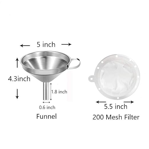5-Inch Stainless Steel Funnel with Fine Mesh Strainer, 200 Mesh Cooking Oil Filter