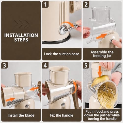 5 in 1 Rotary Cheese Grater with Hand Crank,Cheese Shredder (Beige)