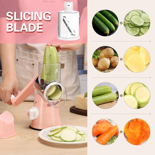 Cambom Rotary Cheese Grater Hand Crank Cheese Shredder for Fresh Cheese, Vegetable, Nuts,Non-slip Suction Base，Three Blades,Pink