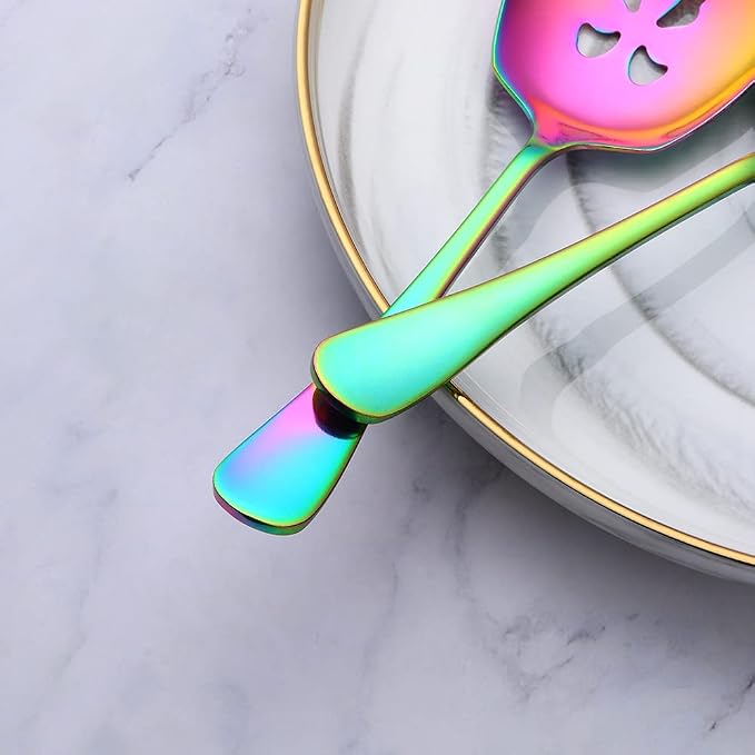 Serving Spoons Set, 3 Serving Spoons and 3 Slotted Serving Spoons, Rainbow Stainless Steel Serving Utensils for Buffet Can Banquet Cooking Kitchen - Mirror Polished