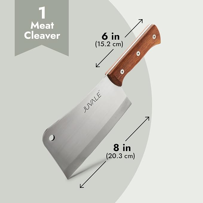 Juvale Meat Cleaver - 8-Inch Stainless Steel Blade, Wood Handle - Heavy-Duty Butcher Knife & Bone Cleaver for Beef Brisket, Meat Cutting & Chopping - Chopping Knife