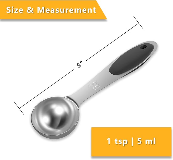 LEIFENY 2PCS 1 Tsp(1/3tbsp, 1/6oz, 5ml) Single Measuring Spoon with Black Silicone Grip, Stainless Steel Individual Measure Scoop Only