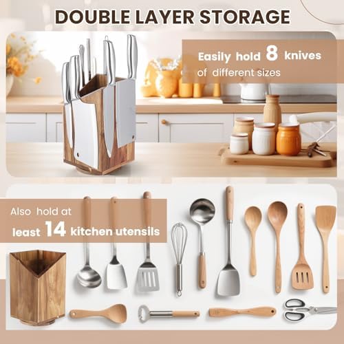 Magnetic Knife Block Without Knife Wood Utensil Holder 360° Rotatable Magnetic Knives Holder Organizer 9.65 x 5.5 Inches Universal Magnet Organizer Large Acacia Wood Kitchen Farmhouse Countertop Cook
