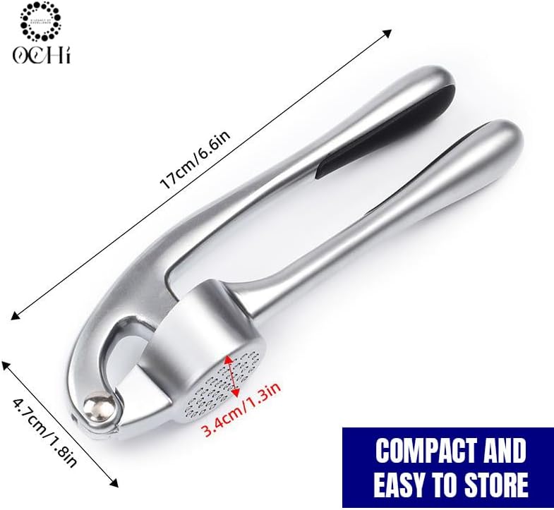 OCHI Premium Garlic Press Set – Rust-Proof Stainless Steel Mincer with Ergonomic Handle, Dishwasher Safe – Includes Silicone Peeler & Cleaning Brush (Silver)
