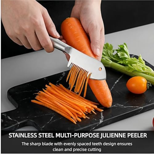 2 in 1 Julienne Peeler, Vegetable Peeler Stainless Steel, Precision Julienne Blade, Multi-Functional Vegetable Julienne Slicer Quick & Easy Kitchen Shredder Tool for Fruit, Potatoes, Carrot (2PCS)