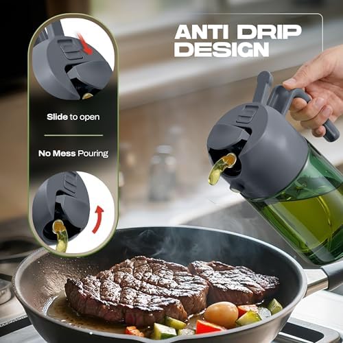 PORTENTUM Olive oil spray bottle for cooking 16oz/470ml 2 in 1 spray and pour function – Anti drip green glass bottle dispenser with light protection – Multilingual labels – Air fryer salads grilling